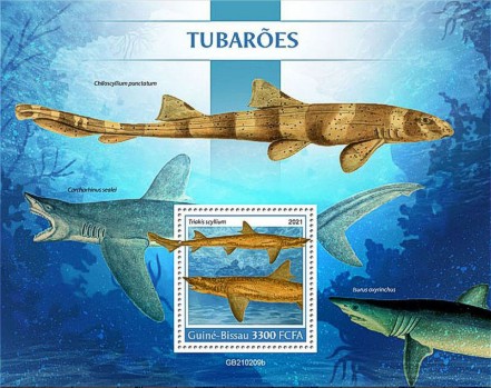 Fische Block Guinea Bissau 2021 mit einem Gebänderten Hundshai (Triakis scyllium)