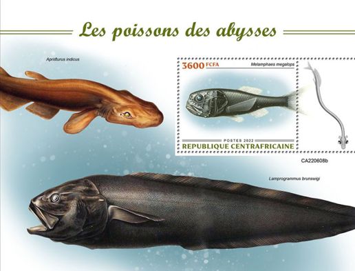 Zentralafrikanische Republik 2022 Tiefseefische Block mit einem Großschuppenfisch (Poromitra megalops)