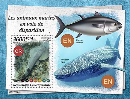 Zentralafrikanische Republik 2022 Gefährdete Meerestiere Block mit einem Geigenrochen (Glaucostegus granulatus)
